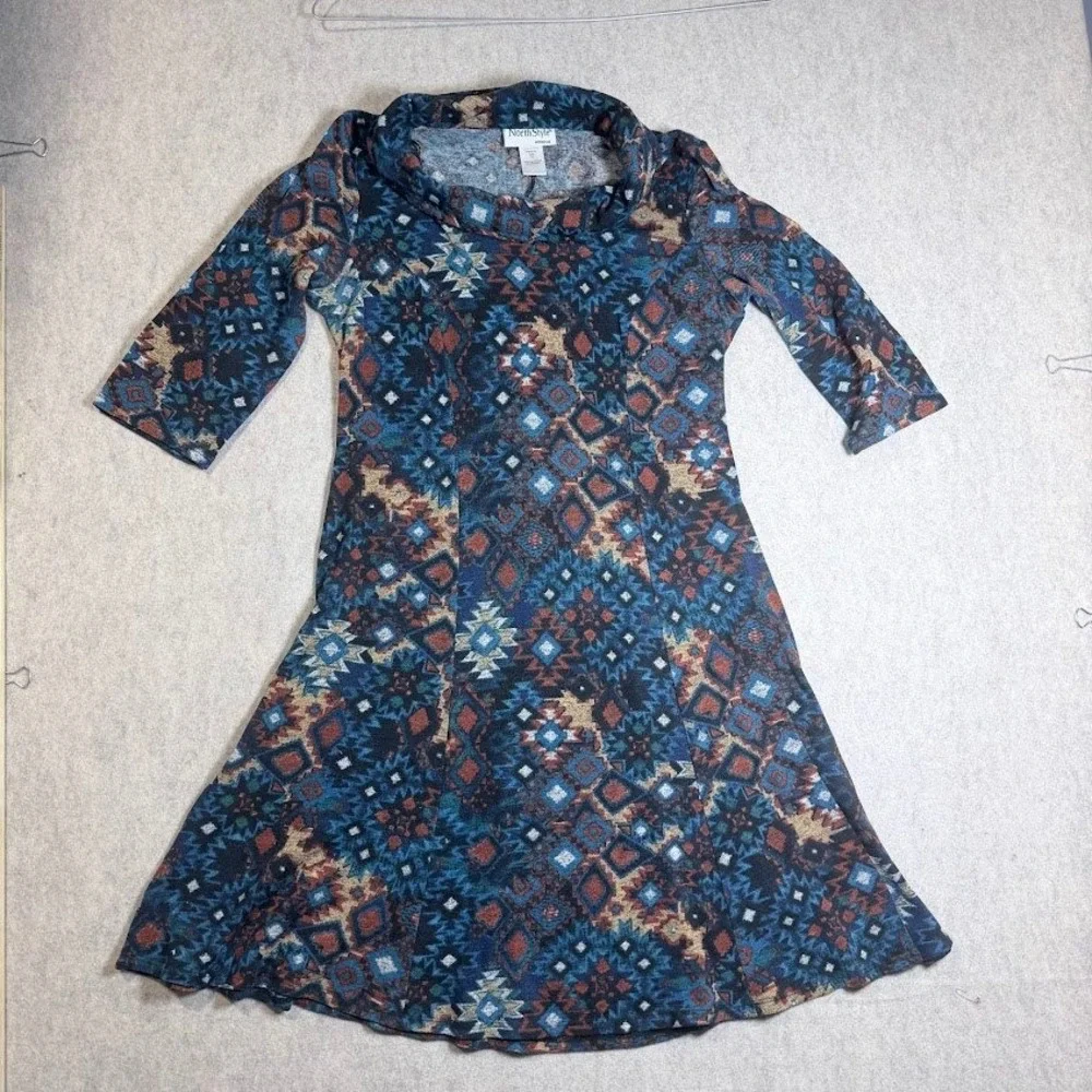 NorthStyle Dress Womens M Blue Poly Knit Southwestern Cowl Neck Boho Western